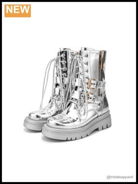 Women's Metallic Mid Calf Combat Boots Platform Chunky Heel Lace up Zipper